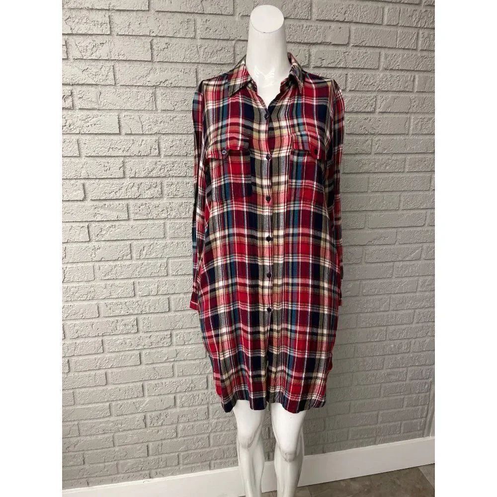 Indigo Thread Co. Women Red Plaid Button Down Long Shirt Tunic Size M